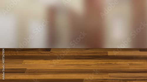 Clean public toilet room empty with wooden partition. 3D rendering., Background with empty wooden table. Flooring.