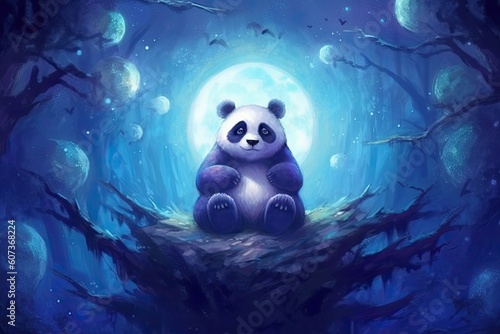 panda sitting under a starry night sky. dark blues and purples for the sky, the panda with a subtle, dream-like effect. twinkling stars and a crescent moon to create a magical atmosphere