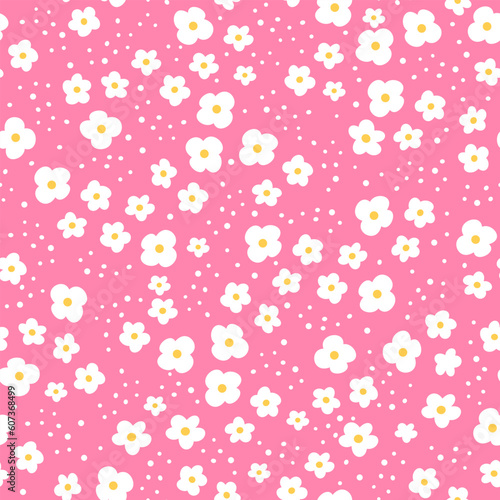 Cute vector pattern. White daisies on a pink background. Cheerful children's background 