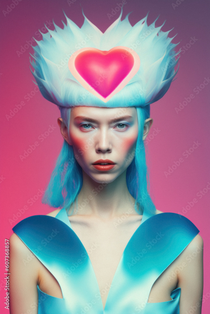 Futuristic portrait of a young beautiful girl from the future. Space, neon costume. Technological invasion and fashion style. Generative AI. Futuristic portrait of a young beautiful girl from the future. Space, neon costume. Technological invasion and fashion style. Generative AI.