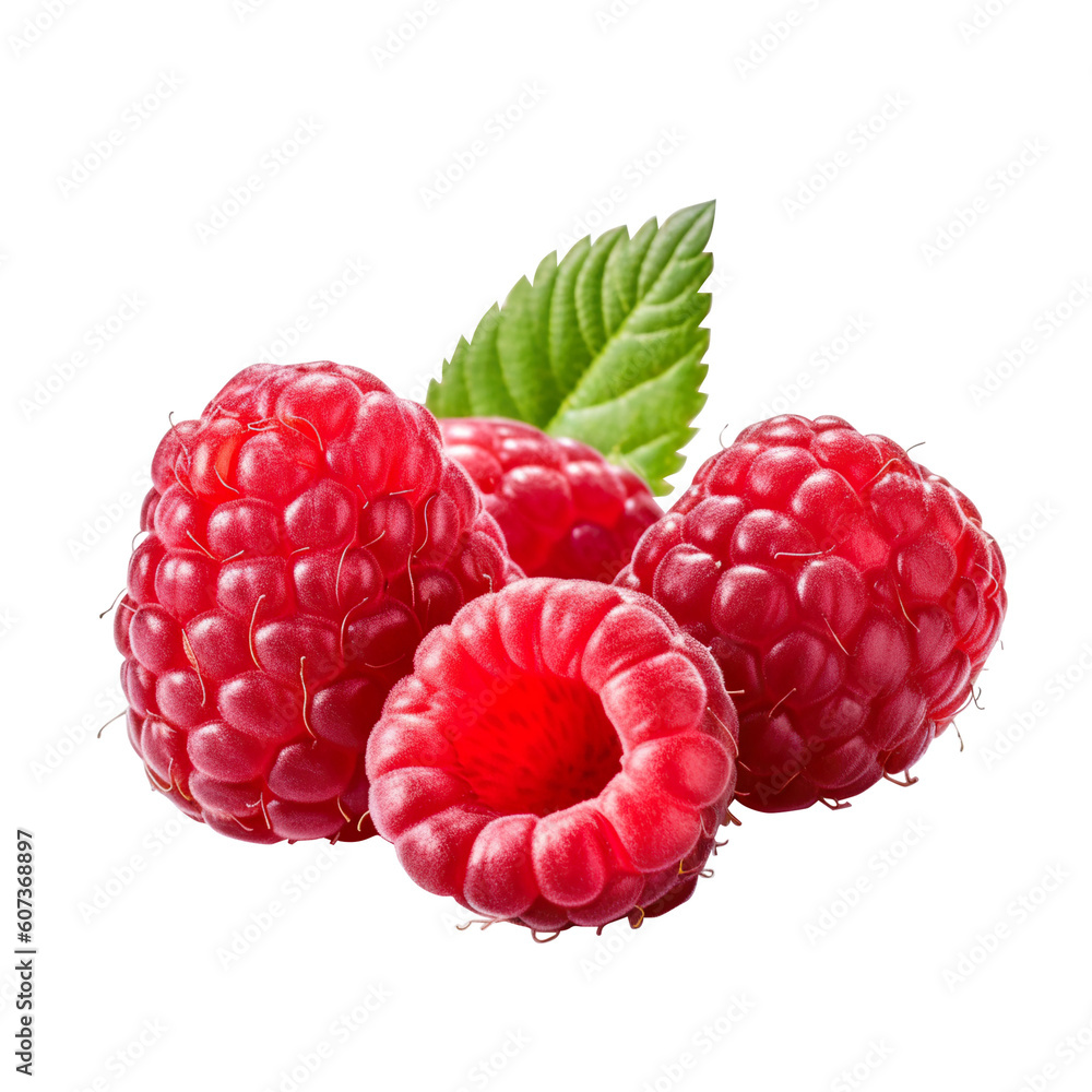 Ripe red raspberry with leaf isolated PNG transparent background generated by ai ,clipping path, png file - obrazy, fototapety, plakaty 