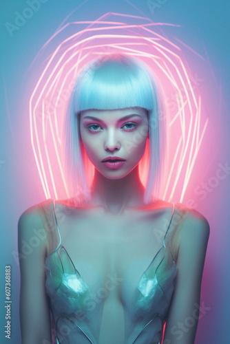 Futuristic portrait of a young beautiful girl from the future. Space, neon costume. Technological invasion and fashion style. Generative AI.