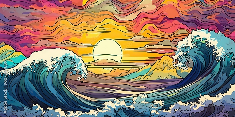 AI Generated. AI Generative. Illustration of hawaii waves sunset sky tropical vibe. Graphic Art