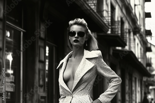stylish sexy girl model in fashionable clothes in retro style on street of city. Vintage fashion of 1980s. Generative AI