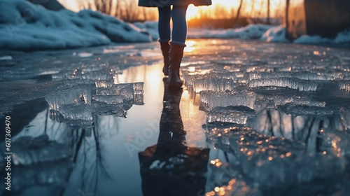 generative AI image of a person walking over the ice in a cold winter  photo