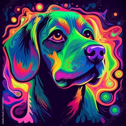 Psychedelic trippy dog cartoon 70s  rave style  acid color. Retrowave concept. Ai Generative