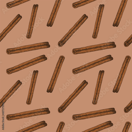 Cinnamon. Seamless pattern with cinnamon sticks bark. Repeating background with brown spice aromatic ingredient. For packaging, textile, print, template, card. Hand drawn ornament. illustration photo