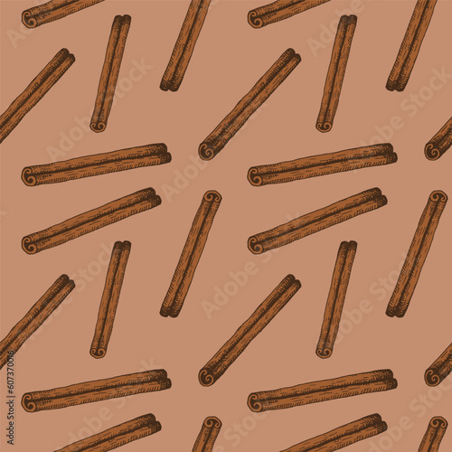 Cinnamon. Seamless pattern with cinnamon sticks bark. Repeating background with brown spice aromatic ingredient. For packaging, textile, print, template, card. Hand drawn ornament. illustration