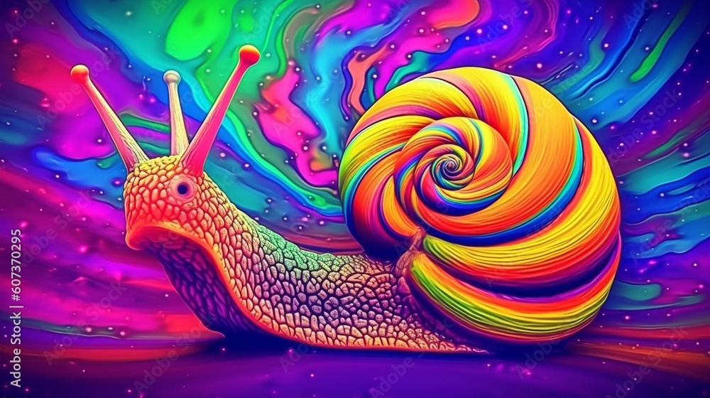 Psychedelic trippy snail cartoon 70s, rave style, acid color. Retrowave ...