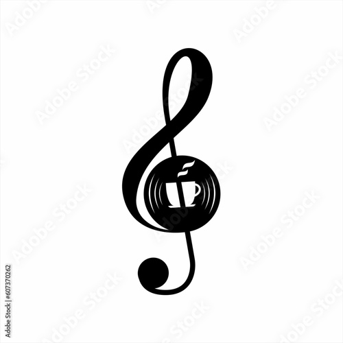 Treble clef logo design combination with music accompaniment and a cup of hot coffee.