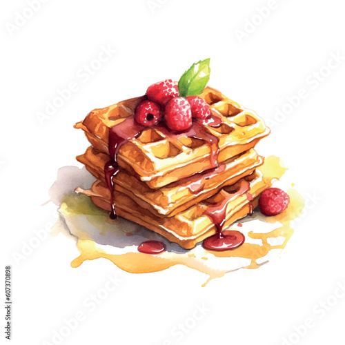 Breakfast dessert Watercolor character viennese waffles watercolor. Vector illustration background.
