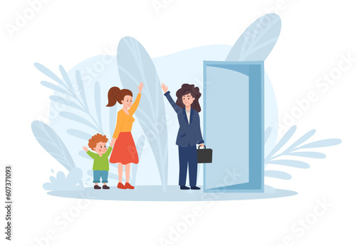 Woman goes to work and says goodbye to her son and nanny, flat vector illustration isolated on white background.