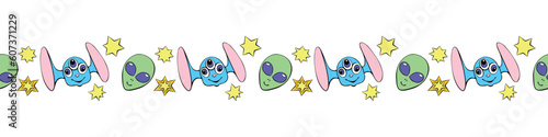 Edging, ribbon, border of funny Aliens heads, stars in doodle flat style. Humanoids, visitors, Martians. Decorative element, decoration on theme of space, UFO, fantastic, kids design