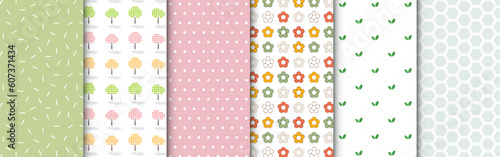 Set of minimal geometric seamless patterns, in different bright colors. Collection of backgrounds with abstract shapes of trees, flowers, leaves, honeycomb, sprinkles and polka dots