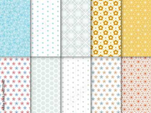 Set of minimal geometric seamless patterns, in different bright colors. Collection of backgrounds with abstract shapes of flowers, honeycomb, meshes, triangles and tangles