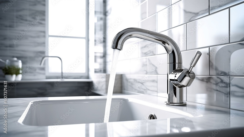 Bathroom design fragment, water faucet and ceramic tiles, close-up Bathroom design fragment, water faucet and ceramic tiles, close-up
