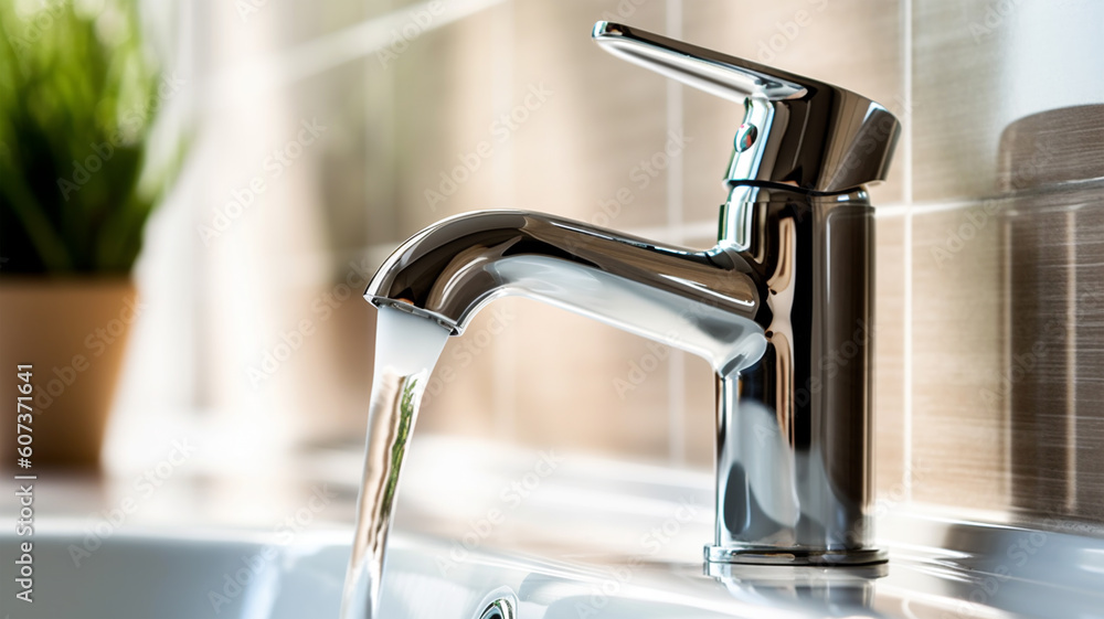 Bathroom design fragment, water faucet and ceramic tiles, close-up Bathroom design fragment, water faucet and ceramic tiles, close-up