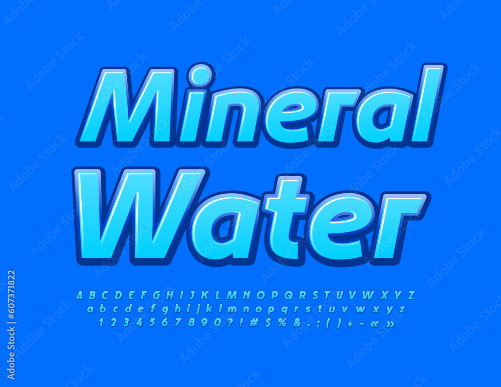 Vector advertising Emblem Mineral Water. Blue glossy Font. Artistic Alphabet Letters, Numbers and Symbols Vector advertising Emblem Mineral Water. Blue glossy Font. Artistic Alphabet Letters, Numbers and Symbols