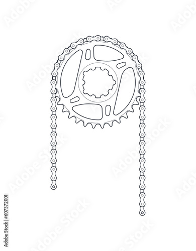 Vector black line bicycle crank with chain. Isolated on white background