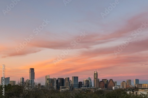 Scenic view of the city of Austin with a beautiful sunset in the background