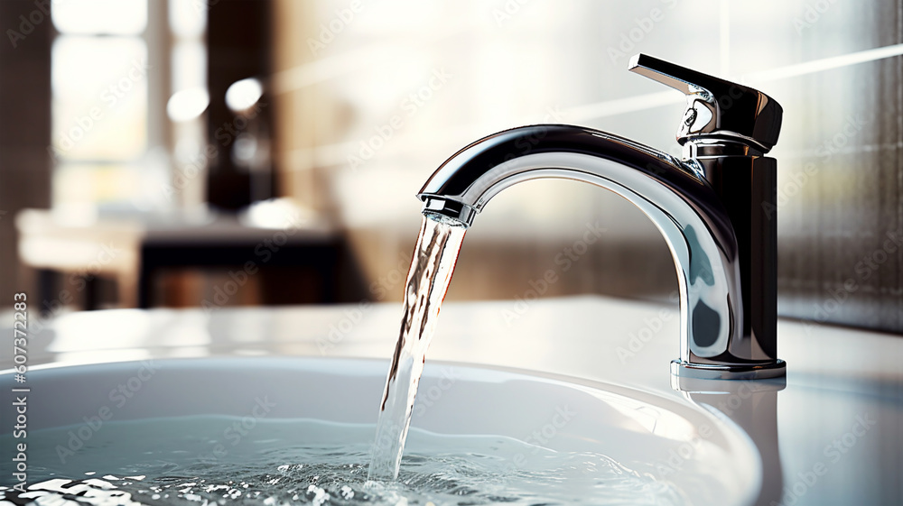 Bathroom design fragment, water faucet and ceramic tiles, close-up Bathroom design fragment, water faucet and ceramic tiles, close-up