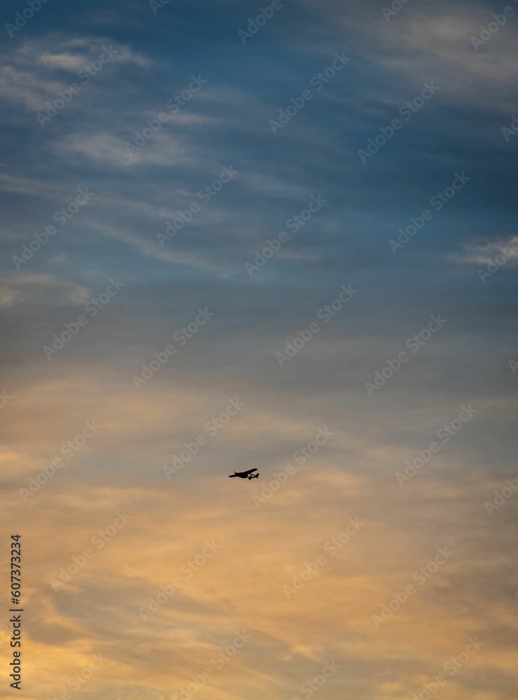 Vertical shot of a plane flying in the sky with clouds at sunset.