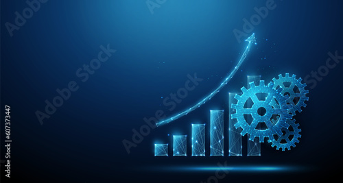 Abstract blue cogwheels and graph growing up