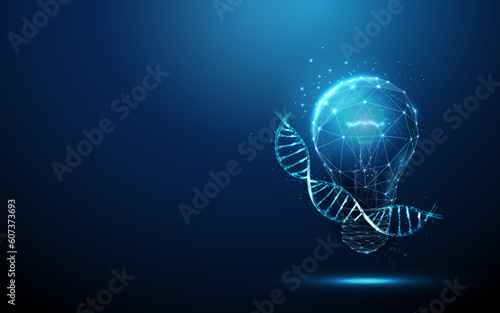Abstract blue glowing light bulb and DNA helix swirling around it.