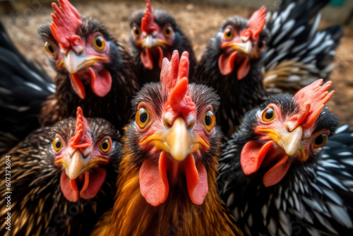 A crowd of roosters. Roosters look into the camera. Birds on the farm. The concept of rural life. Generative AI © Garnar