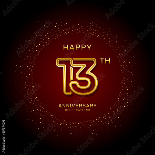 13th  anniversary logo design with a double line concept in gold color, logo vector template illustration