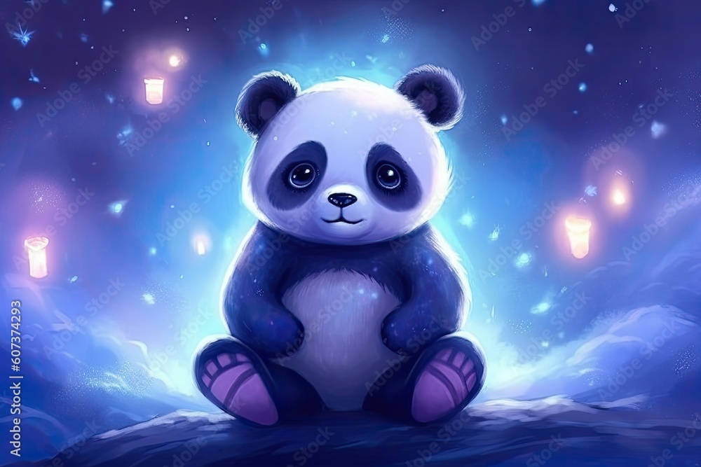 panda sitting under a starry night sky. dark blues and purples for the sky, the panda with a subtle, dream-like effect. twinkling stars and a crescent moon to create a magical atmosphere panda sitting under a starry night sky. dark blues and purples for the sky, the panda with a subtle, dream-like effect. twinkling stars and a crescent moon to create a magical atmosphere