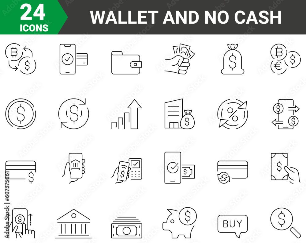set of 24 vector line icons Receive money, Wallet and No cash icons. Payment message. money default. Editable stroke set of 24 vector line icons Receive money, Wallet and No cash icons. Payment message. money default. Editable stroke