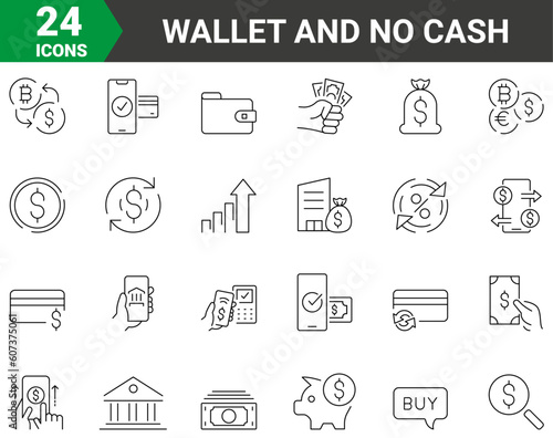 set of 24 vector line icons Receive money, Wallet and No cash icons. Payment message. money default. Editable stroke