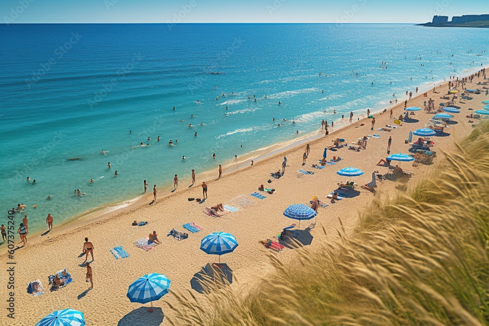 Bustling Beach Scene with Recreational Activities - AI Generative Bustling Beach Scene with Recreational Activities - AI Generative