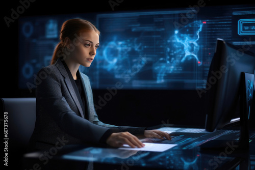 Business woman sitting on a desk, typing on a keyboard, staring at a hologram monitor. Generative AI