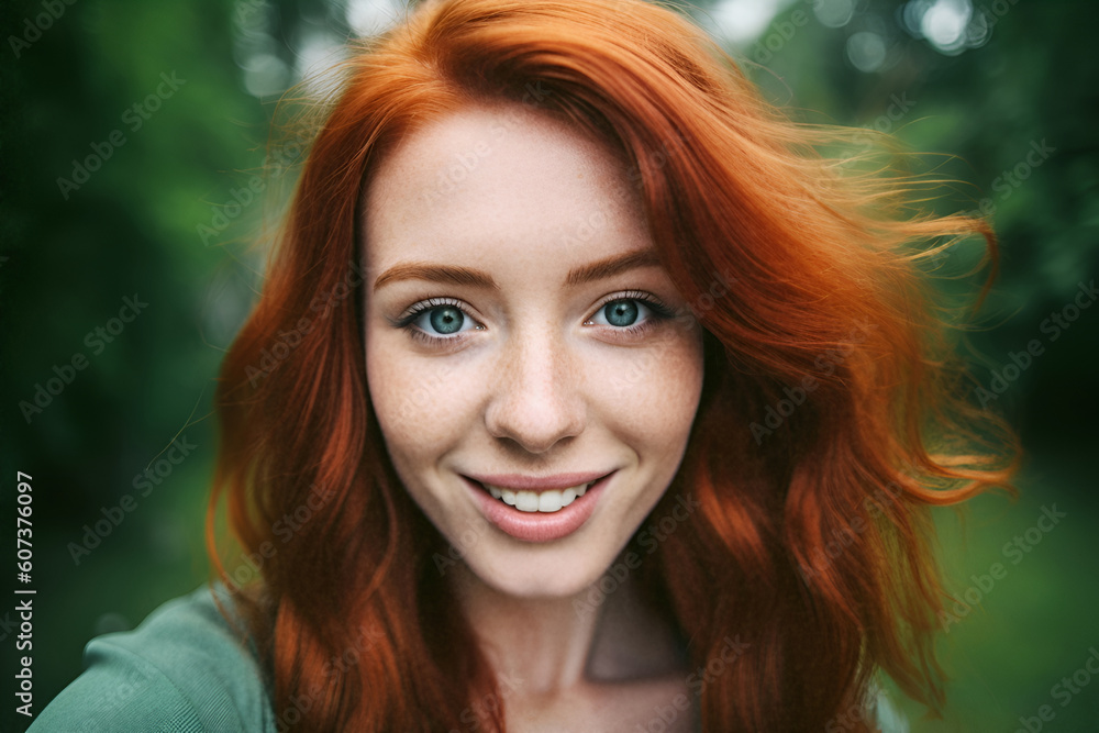 Fototapeta premium Red-haired woman looking at her mobile, green background