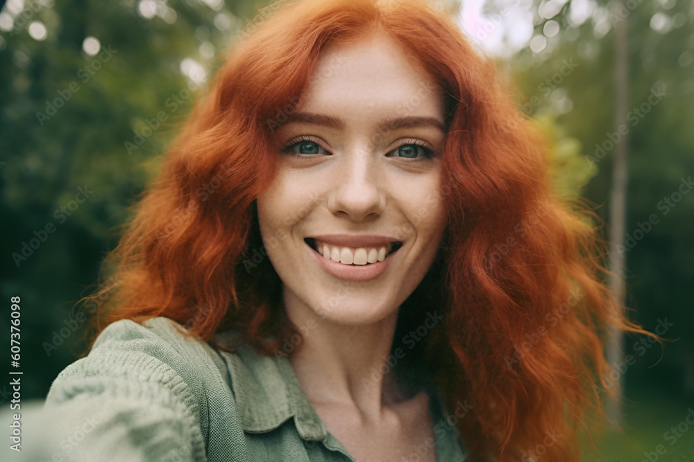 Red-haired woman looking at her mobile, green background