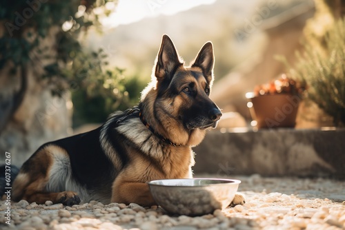 German Shepherd is lying next to the bowl of food in the backyard on a sunny day.