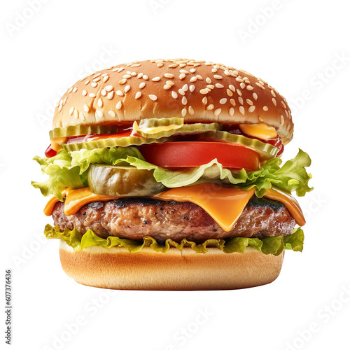Perfect hamburger classic burger American cheeseburger with cheese and transparent background generative ai, clipping path, png file