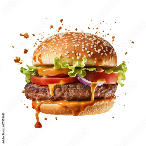Perfect hamburger classic burger American cheeseburger with cheese and transparent background generative ai, clipping path, png file
