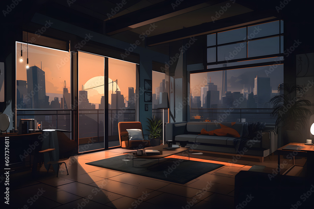 Obraz premium Artistic Interpretation of a Dark Apartment, Generative AI