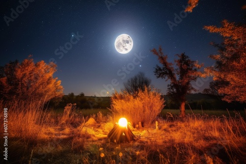 warm harvest moon, surrounded by shimmering stars, with a campfire in the background, created with generative ai photo