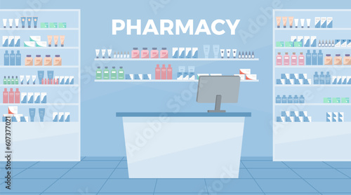 Blue pharmacy interior flat style, vector illustration