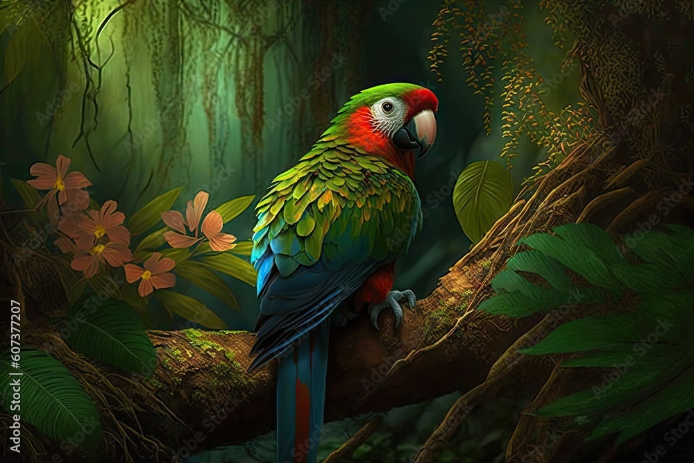 parrot on branch, looking down at exotic jungle, created with generative ai