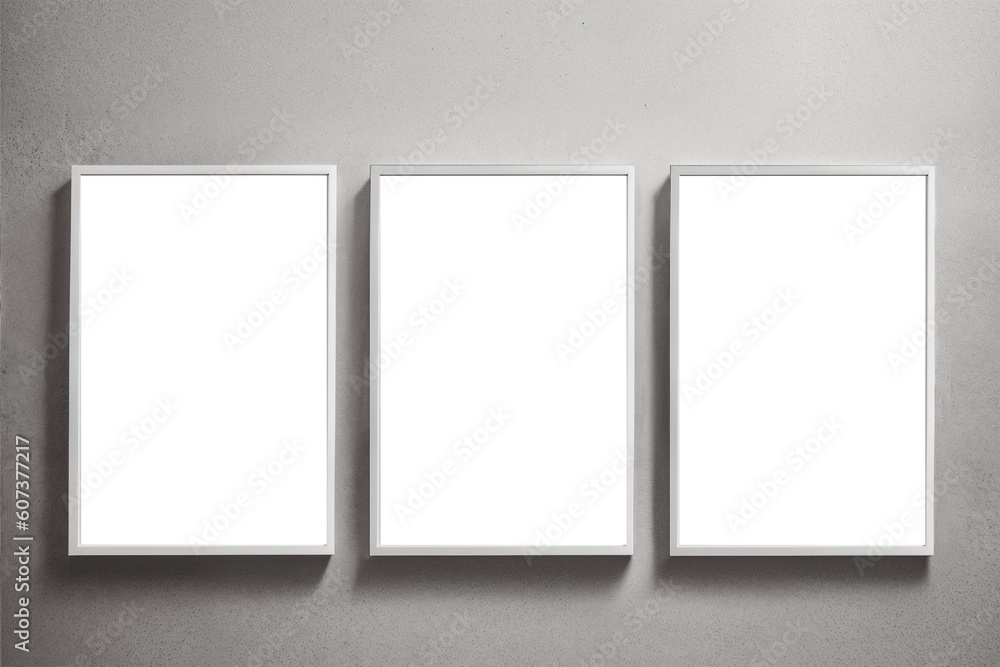 3 white frames on grey wall in empty room