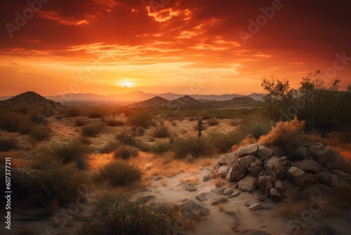 desertscape with dramatic sunset  featuring fiery reds and oranges  created with generative ai