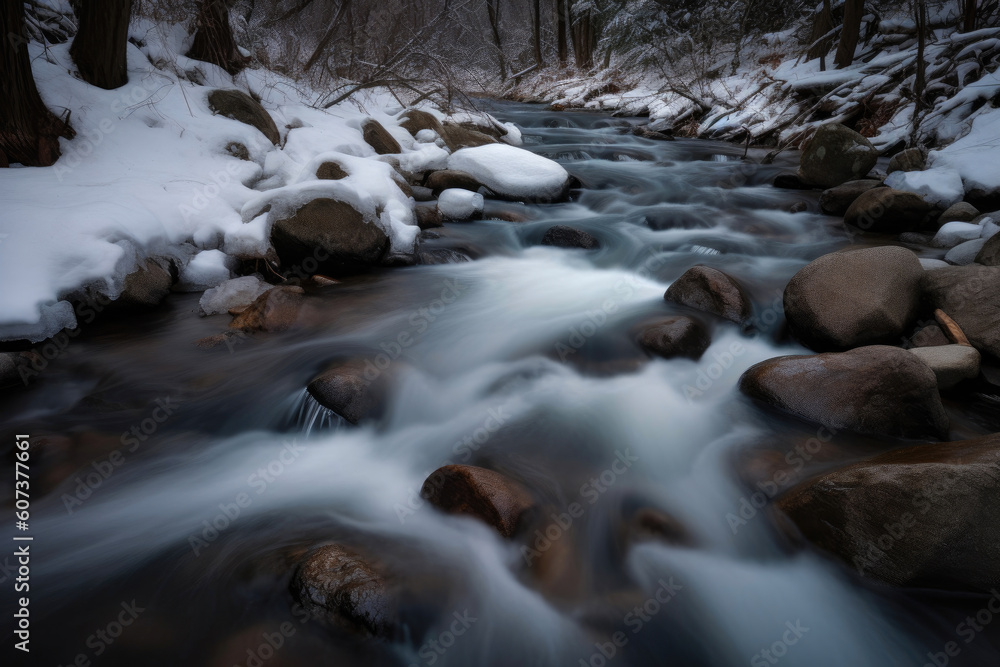 A Long Exposure Journey Through a Winter Stream. Generative AI A Long Exposure Journey Through a Winter Stream. Generative AI