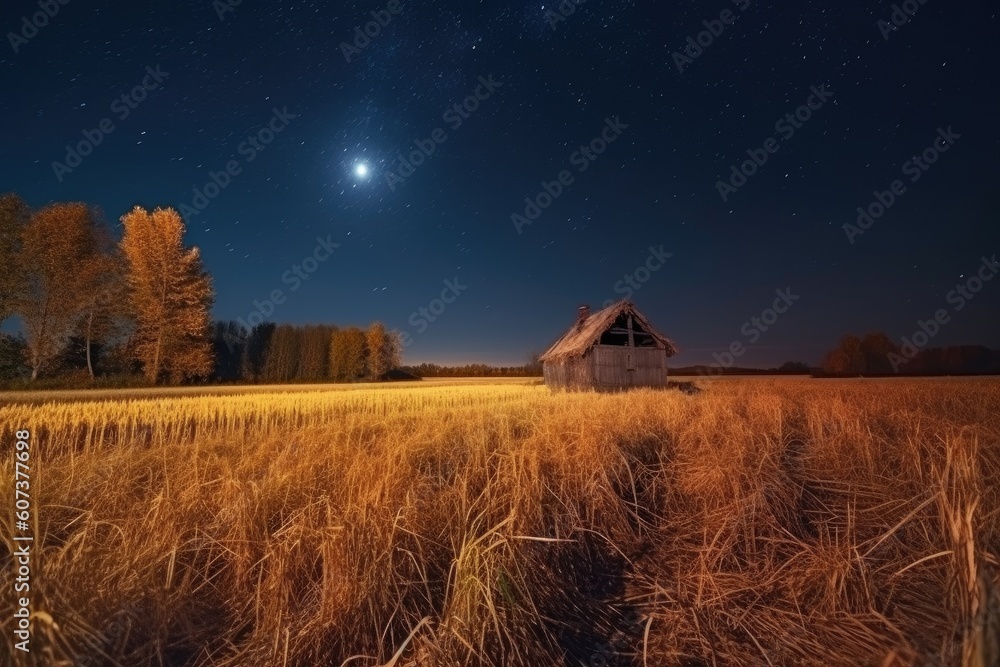 Fototapeta premium warm autumn night, with harvest moon and starry sky above the fields, created with generative ai