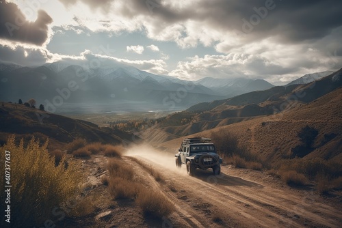off-road vehicle driving through scenic mountain range, with dramatic scenery in the background, created with generative ai © altitudevisual