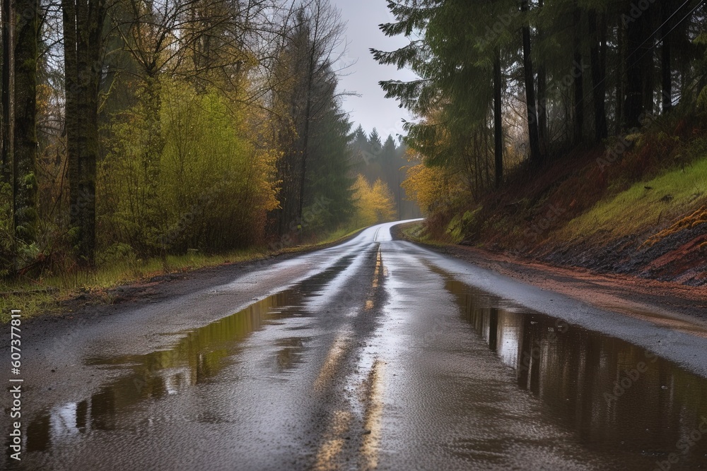 Fototapeta premium Wet asphalt road through the forest with trees in the background. Lonely road. Landscape. Generative AI.
